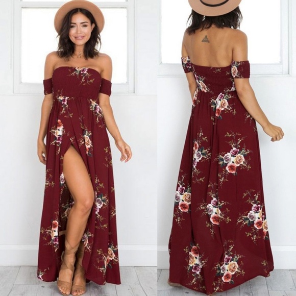 Burgundy Off Shoulder Long Maxi Dress Wine - Picture 2 of 2